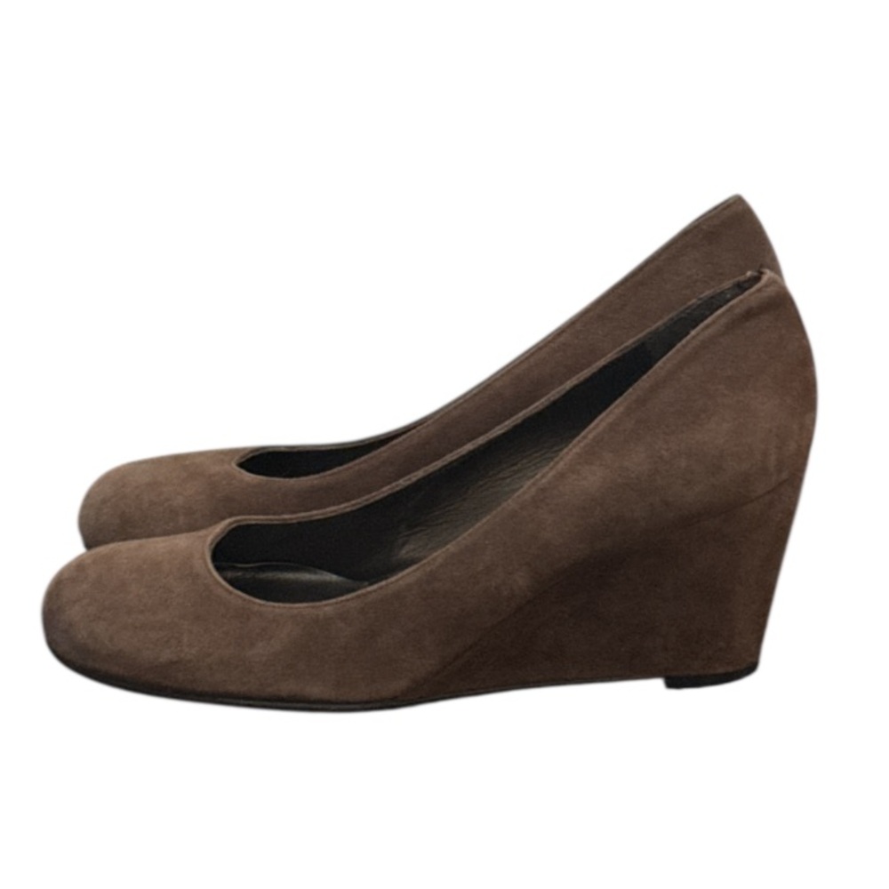 Authentic Stuart Weitzman brown suede, leather designer wedge heels size 8 1/2 - Picture 3 of 13